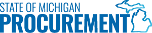 blue wordmark logo reading State of Michigan Procurement with a decorative flanked by a decorative outline of Michigan