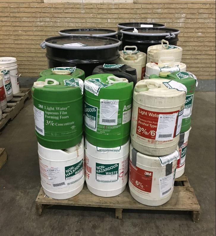 PFAS firefighting foam stored in warehouse until it will be transported for disposal.
