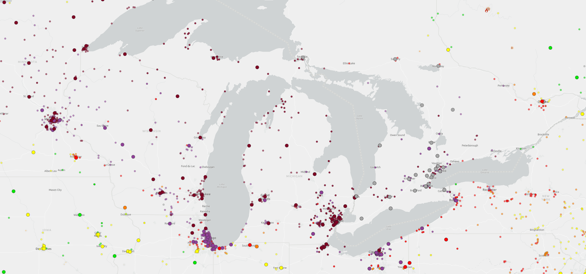 Screenshot of the EPA AirNow map showing wildfires and air quality indices across the state of Michigan reaching into the hazardous levels (maroon)