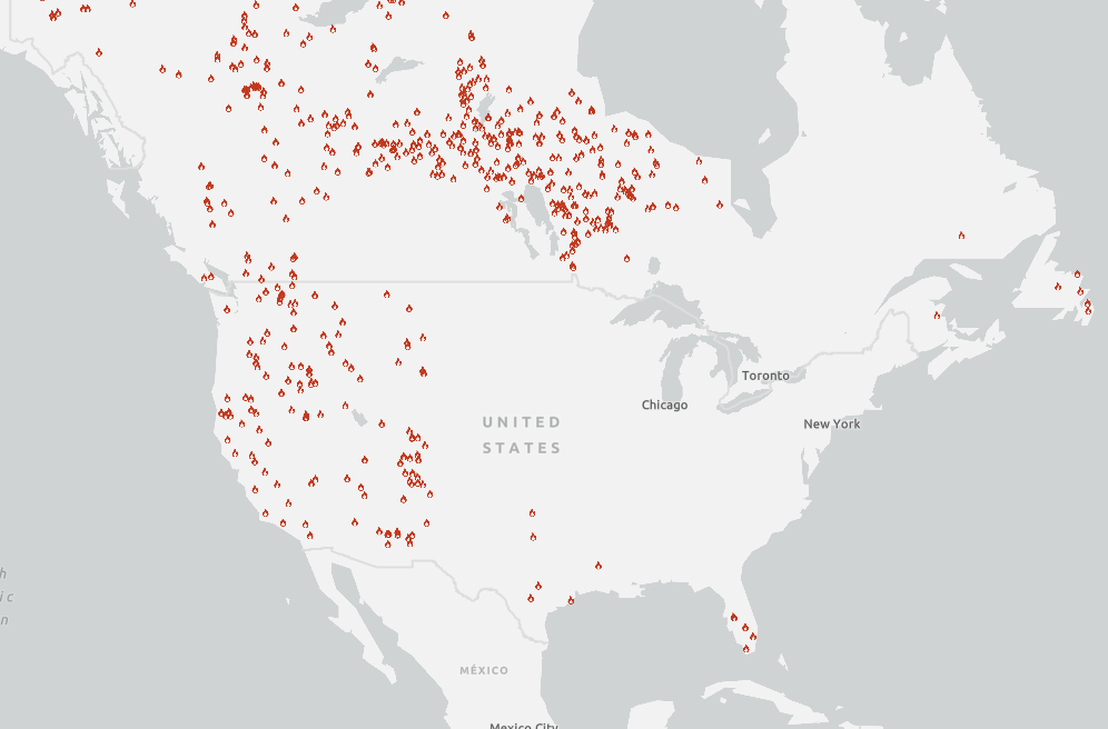 A map of North America, dotted with sporadic wildfire icons