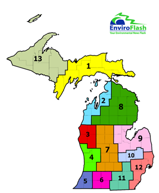 The state of Michigan, split into 13 Air Quality Index (AQI) forecasting areas