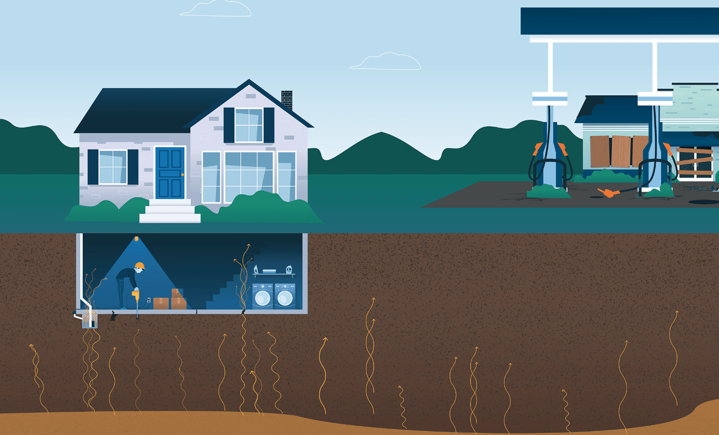 A home with vapors seeping into the basement from the surrounding ground