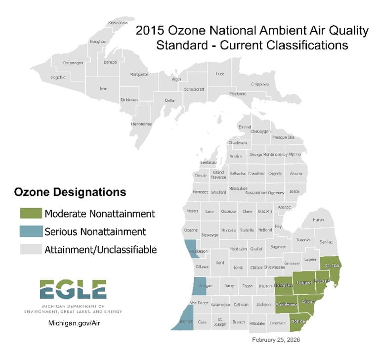 Map of the nonattainment areas for the 2015 ozone standard