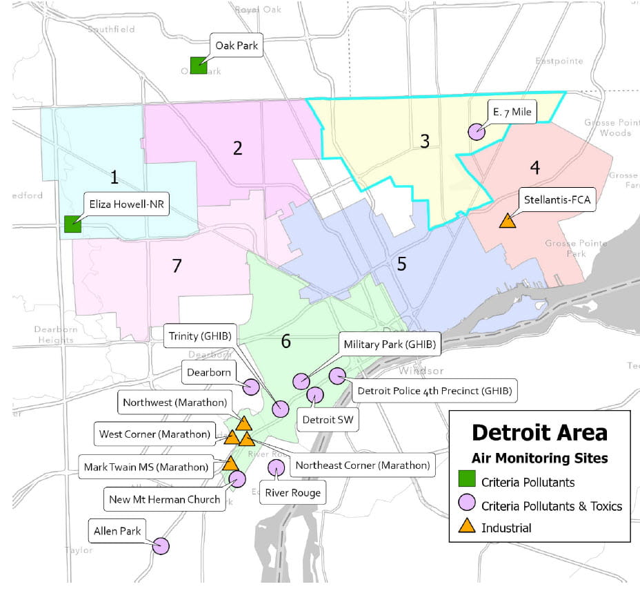 Map showing the locations of air monitoring sites in the Greater Detroit area.