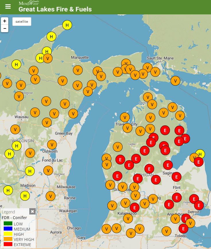 Great Lakes Fire and Fuels map showing where fire danger exists in Michigan on May 17, 2023.