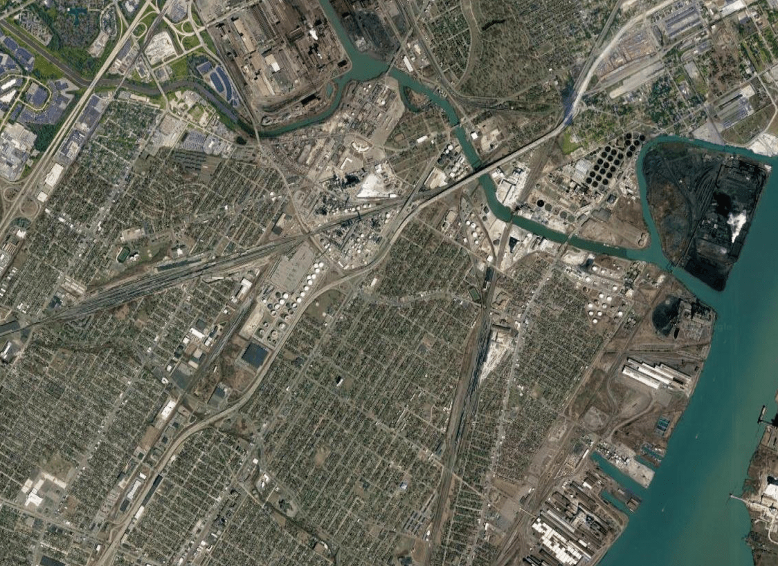 An aerial view of the 48217 zip code in Detroit, Michigan