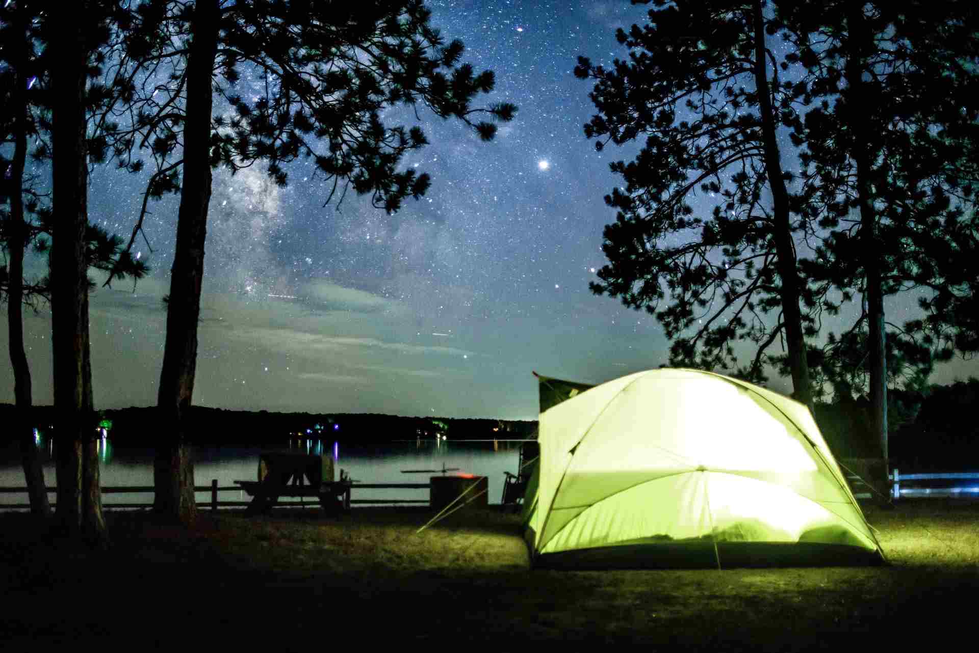 Tent in front of Big Bear Lake at night