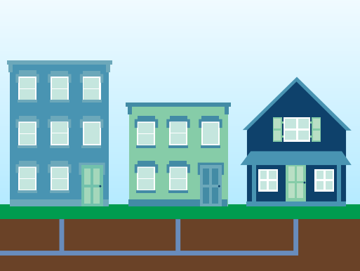 A Type 1 Community Water Supply; multiple homes and businesses showing pipes coming from each building and going to a central location