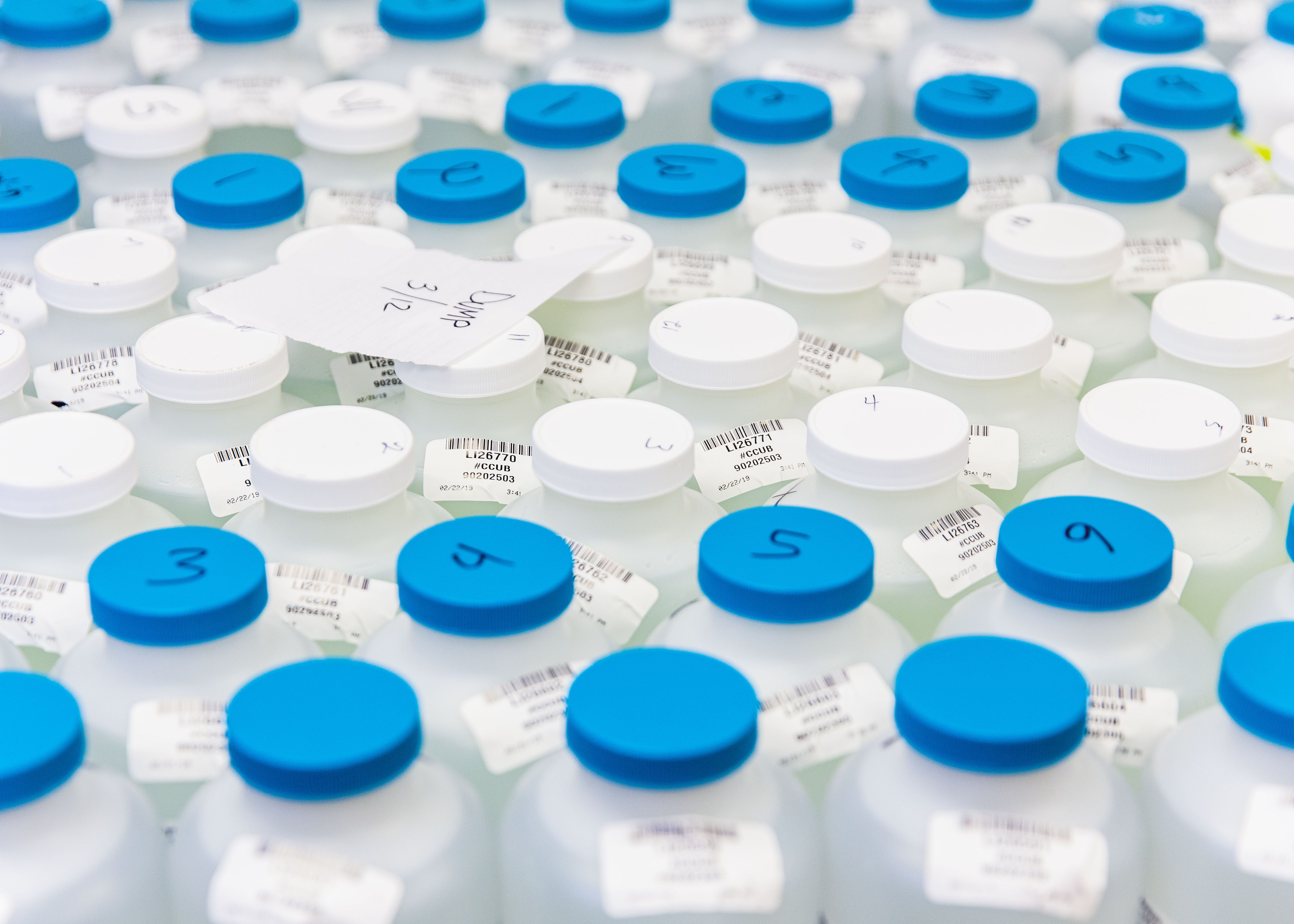 Water bottles containing drinking water for testing at the state laboratory.