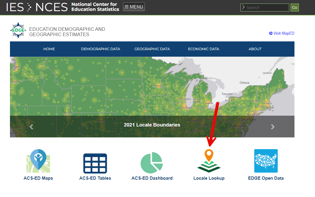 EDGE home page with arrow pointing towards Locale Lookup