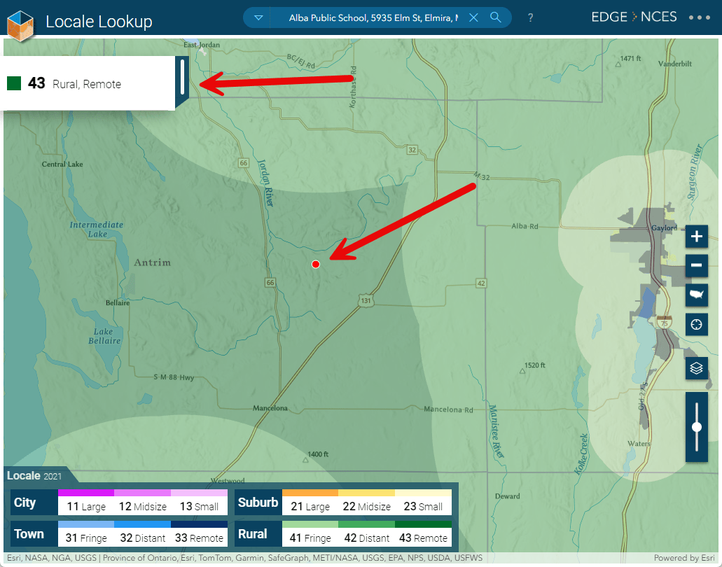EDGE map tool zoomed into a rural area, showing a score of 43 rural area.