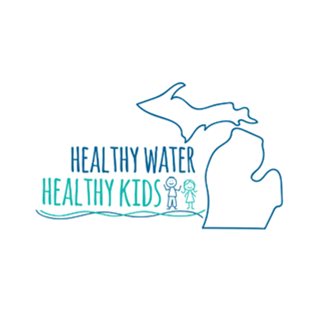 Healthy Water Healthy Kids. Michigan map with two smiling cartoon kids.