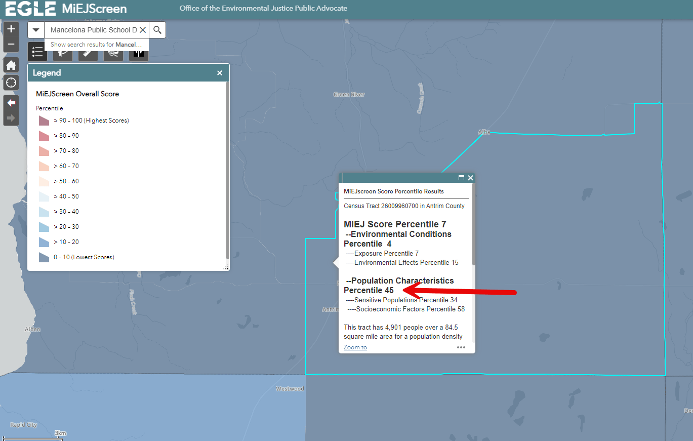 MiEJScreen map of Michigan with score box highlighted and arrow pointing to percentile score.