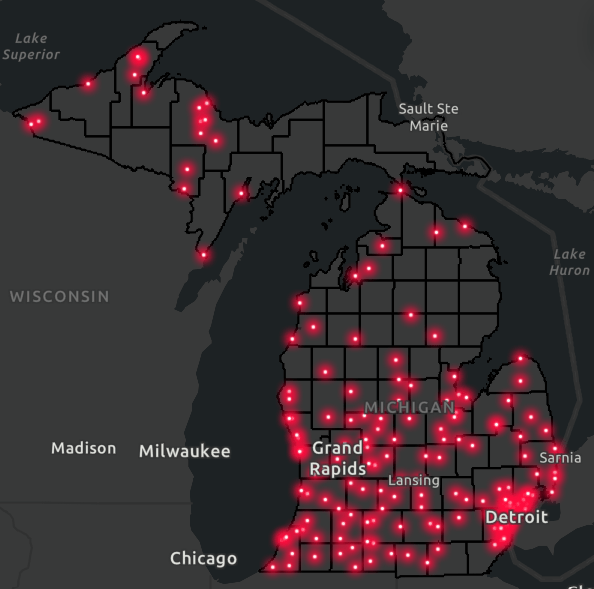 Map of Michigan showing locations of where DWAM grants have been awarded.