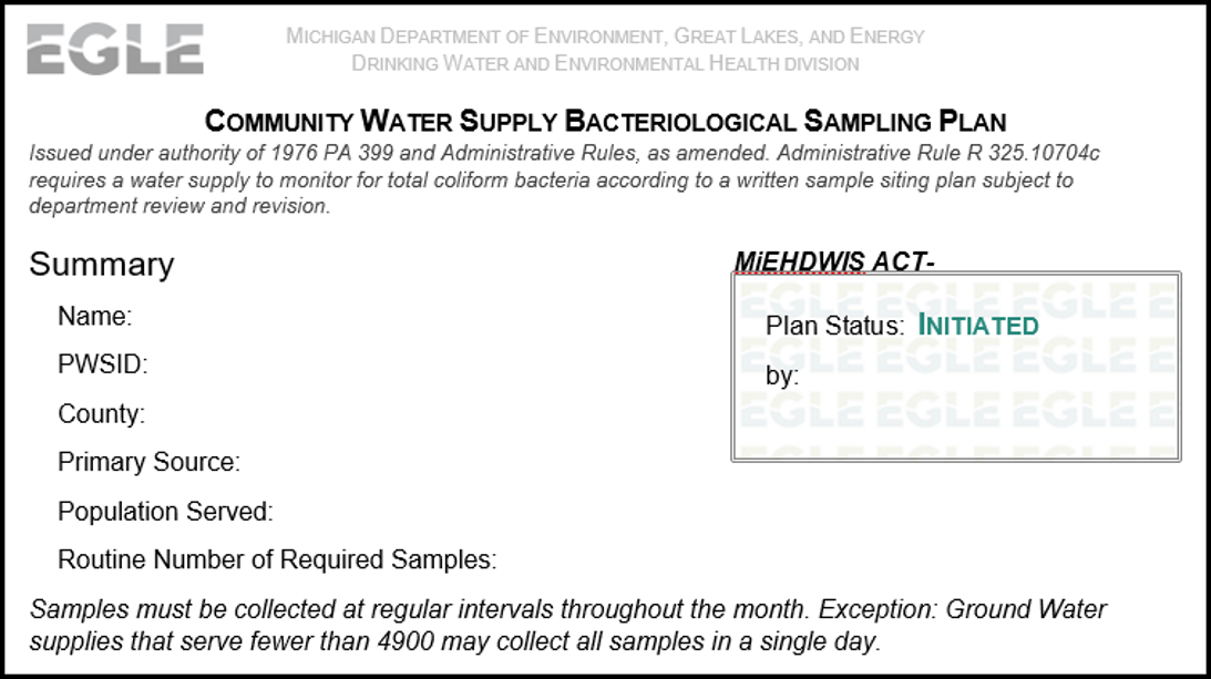 Community Water Supply Bacteriological Sampling Plan example in MiEHDWIS.