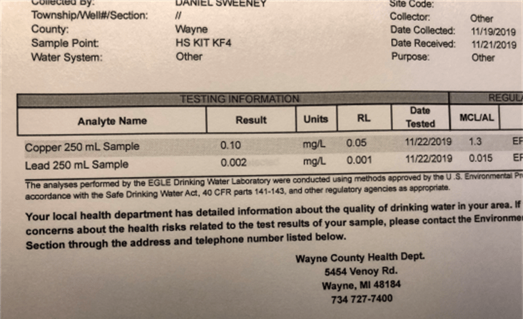 example of lab test results for drinking water