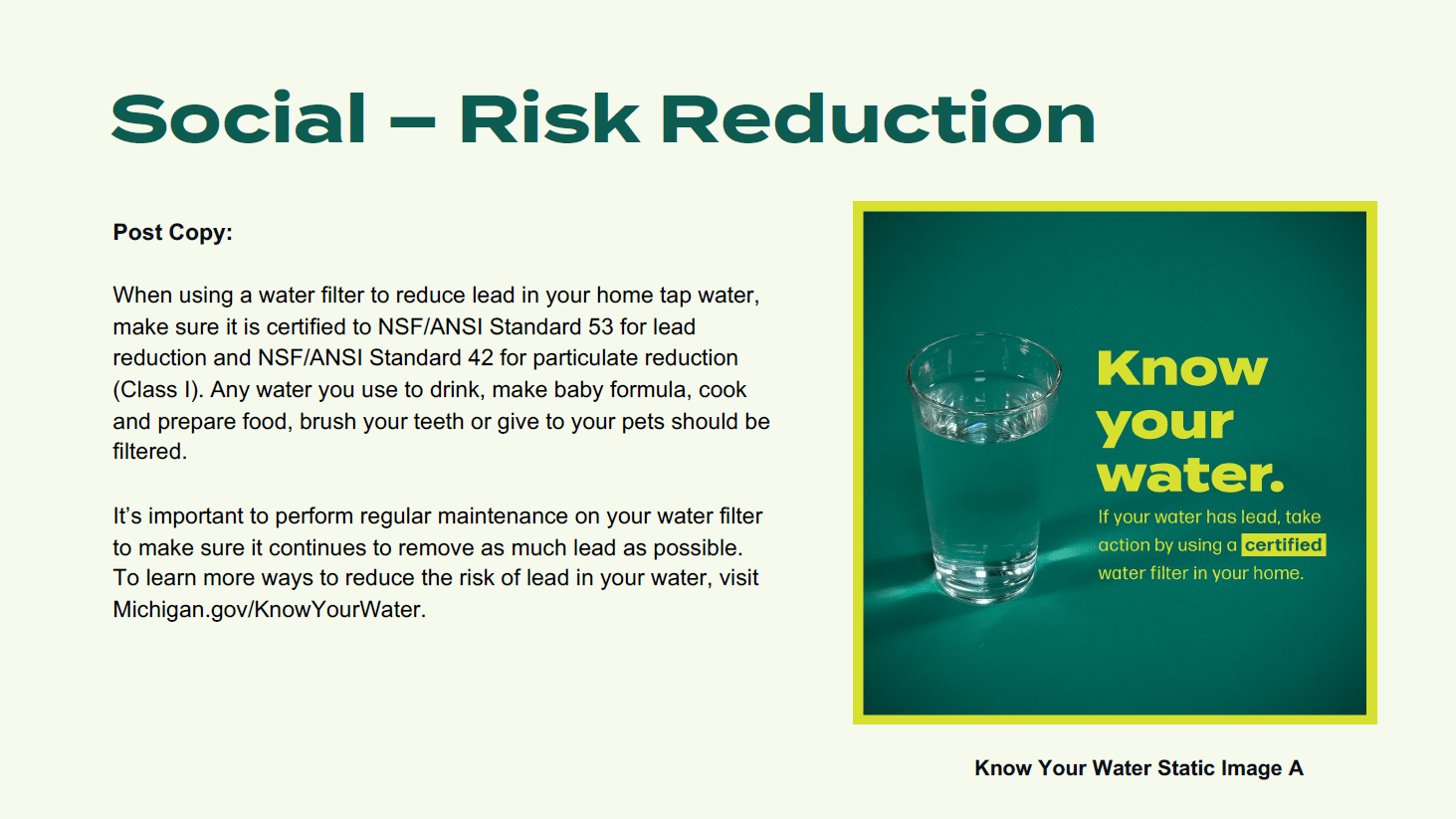 social media post example for risk reduction with "Know your water."