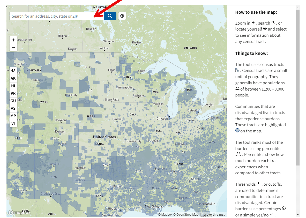Climate & Economic Justice Screening Tool. Arrow pointing to the address search bar