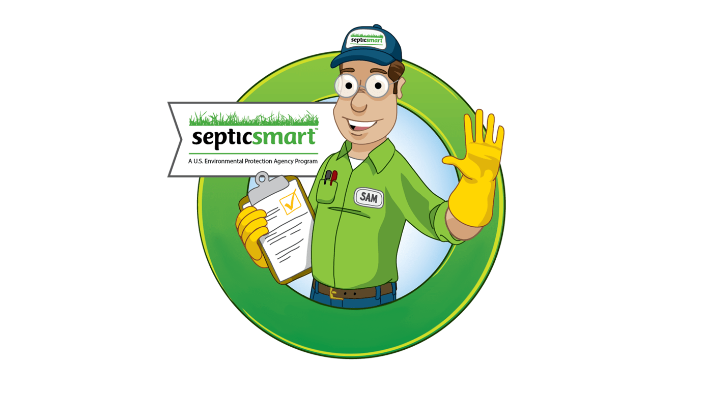 The USEPA mascot, Septic Sam - a man in a green shirt, blue hat, and yellow rubber gloves holding a clipboard, ready to inspect your septic system