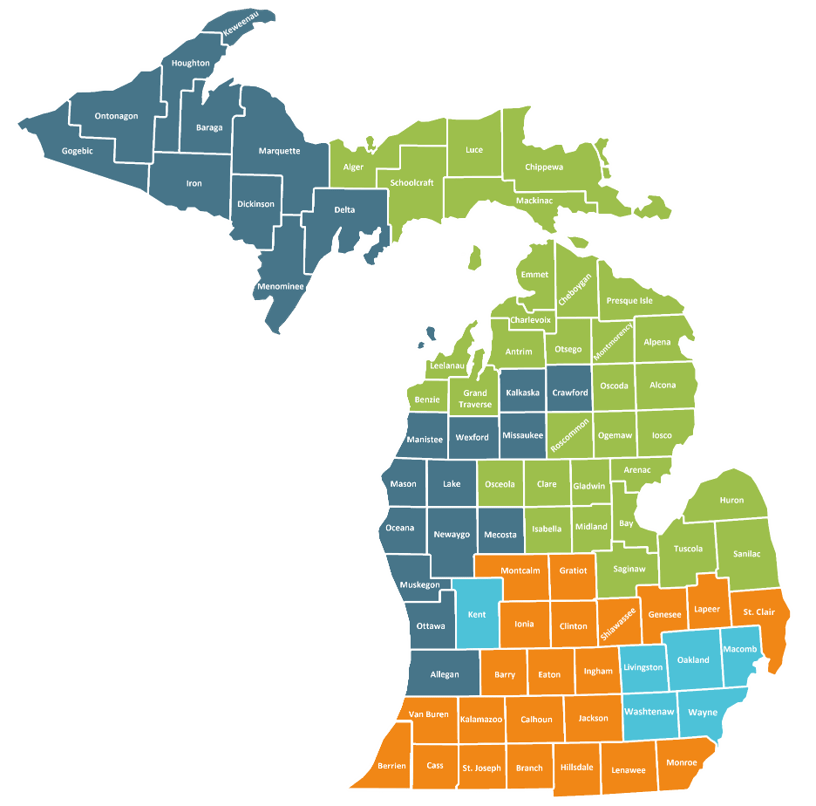 Map of Michigan with counties color-coded for public swimming pool program area staff assignments