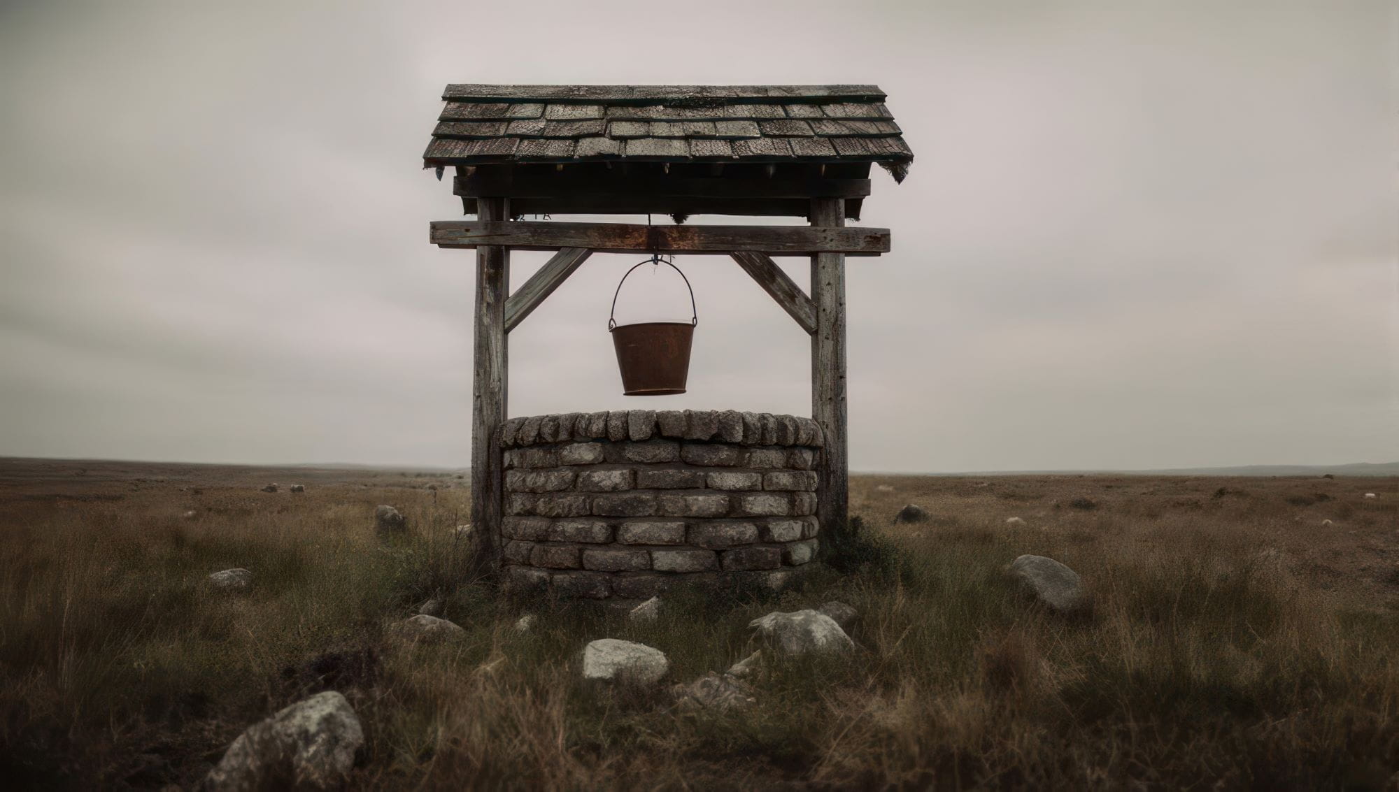 Picture of a well in a field with some rocks and tall grass