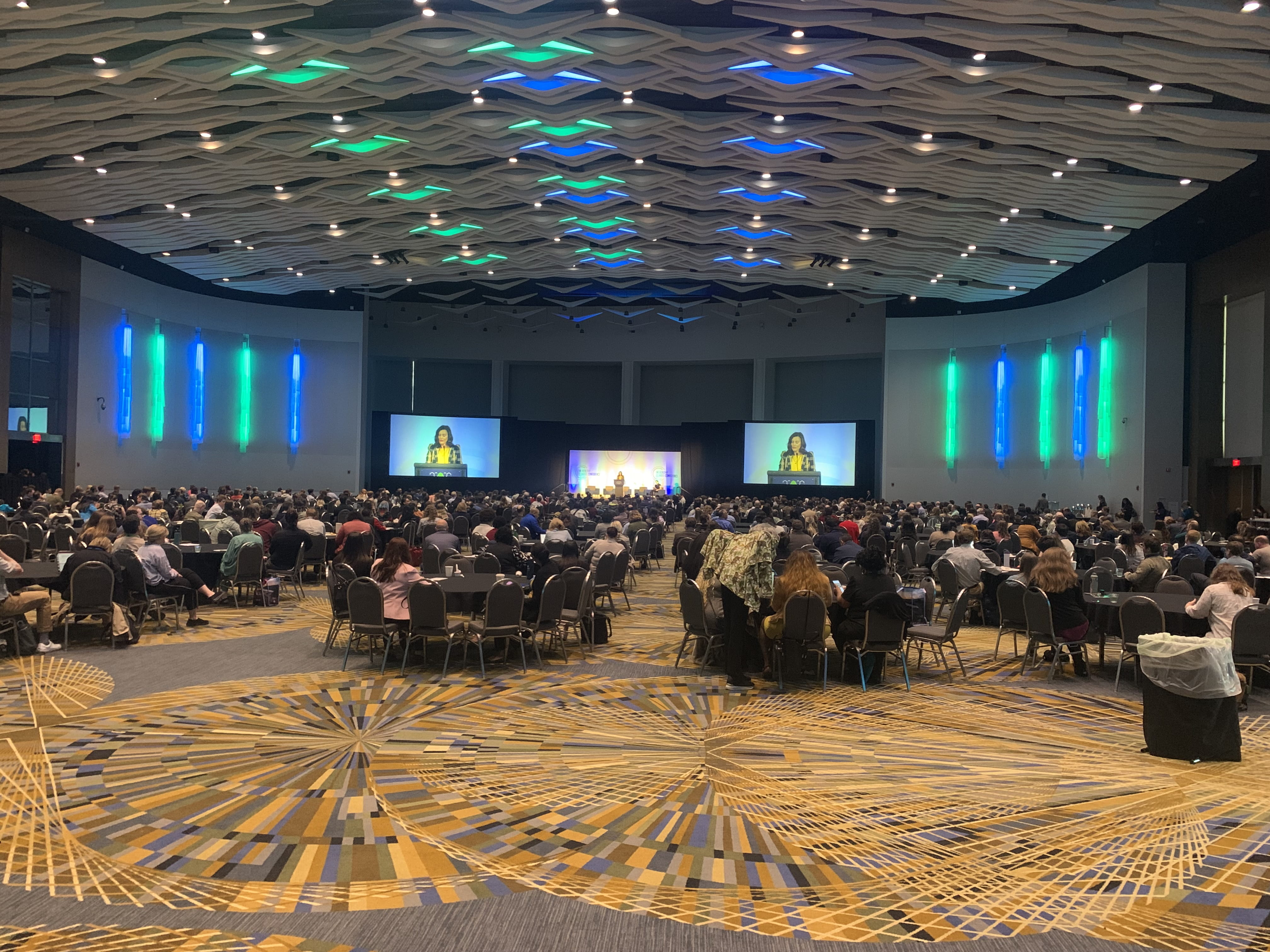 Governor Gretchen Whitmer speaking to a crowd at the My Healthy Climate Conference in Detroit in April 2025