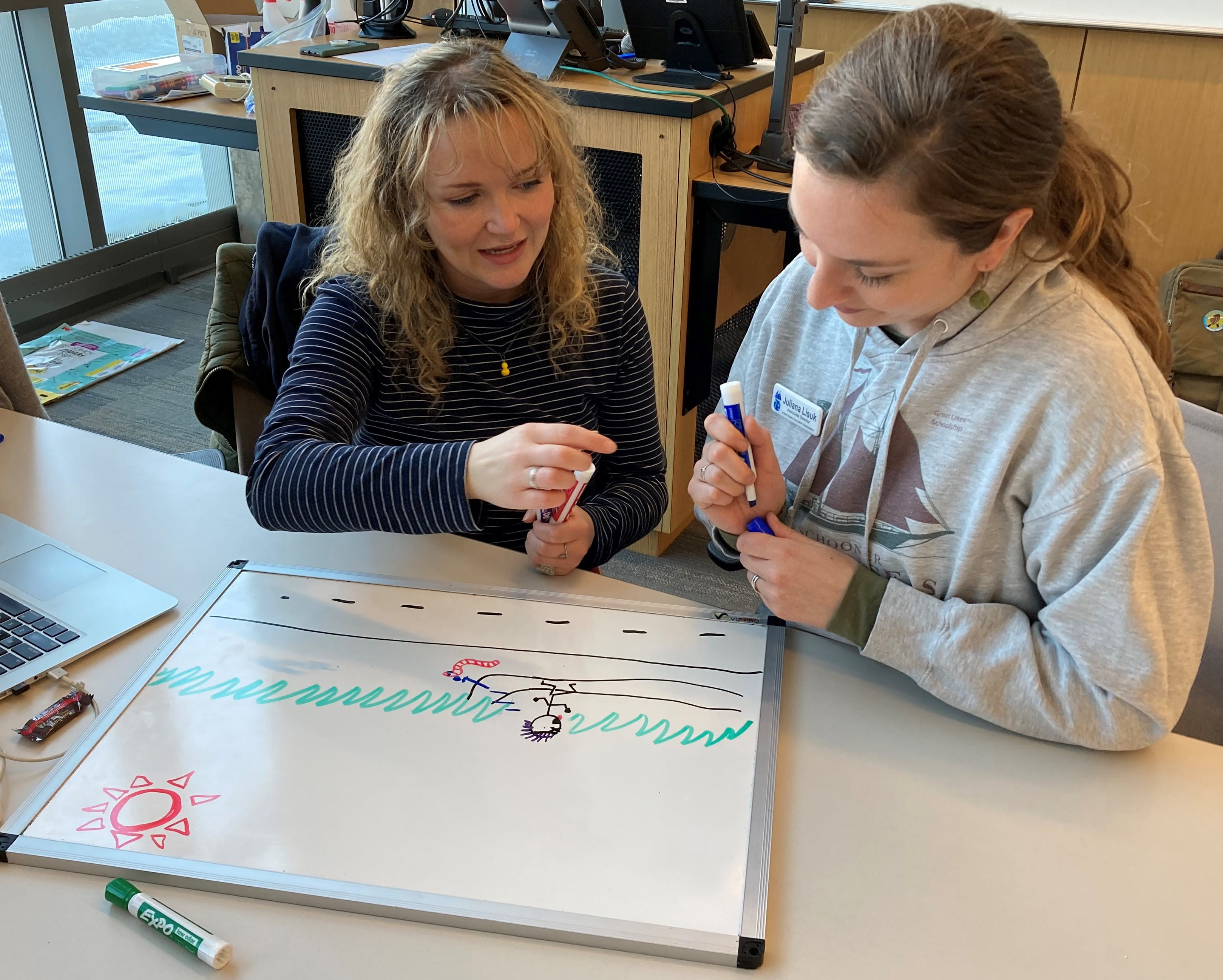 Participants in the MEECS Train the Trainer event illustrate a “water story” as part of an activity from the new MEECS Water Quality Unit.