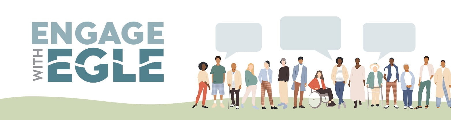 Engage with EGLE logo with a digital illustration of a group of diverse people conversing