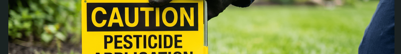 Exterminator placing a yellow caution pesticide application sign in a residential lawn. Professional pest control worker warning about chemical treatment on grass for home safety