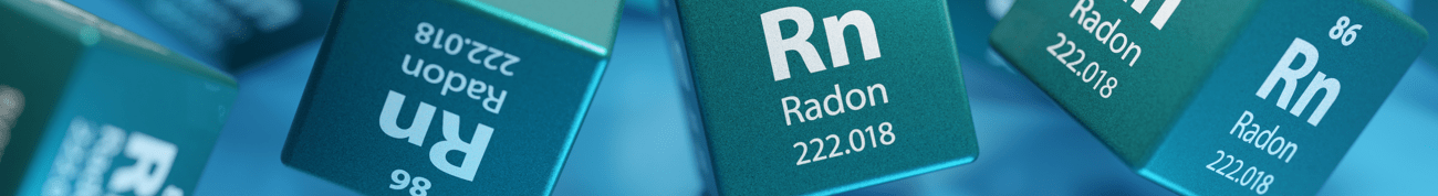 Radon (Rn) - radioactive chemical element, rare gas - used in geology, medicine. Promotional education periodic symbol, sign, element 3D render.