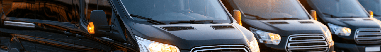 Several black passenger vans parked in a row at an airport during sunset