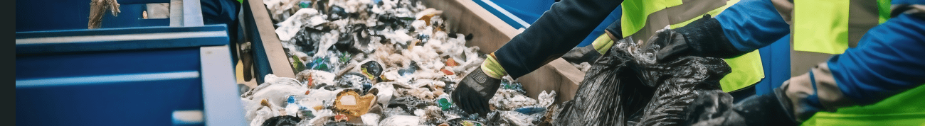 Waste sorting plant. Many different conveyors and bunkers. Workers sort the garbage on the conveyor.