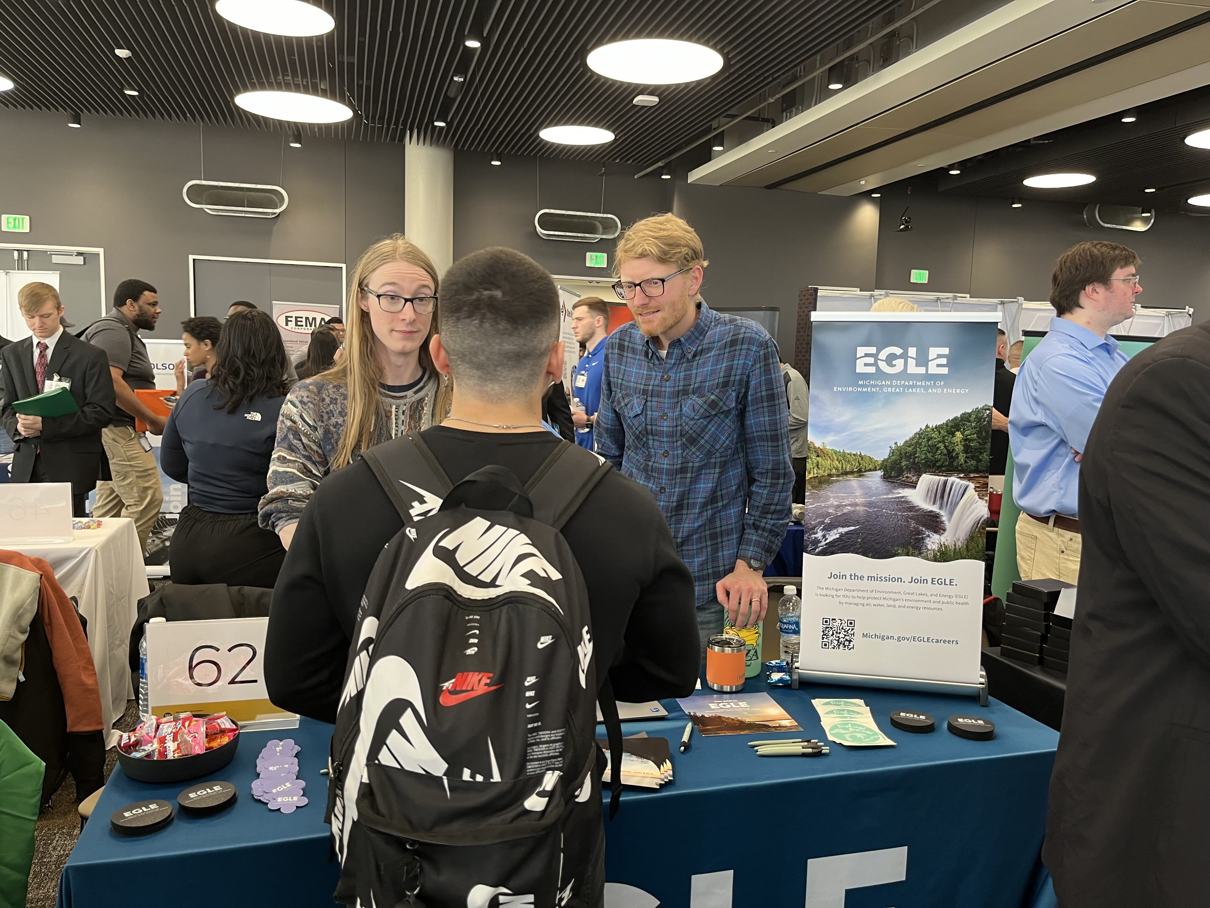 EGLE staffers Thomas Miller and James Dykstra at the Western Michigan University's Engineering Career Fair in February 2024.