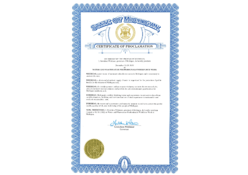 State of Michigan Proclamation: December 12-18, 2022 is Water and Wastewater Professionals Workforce Week