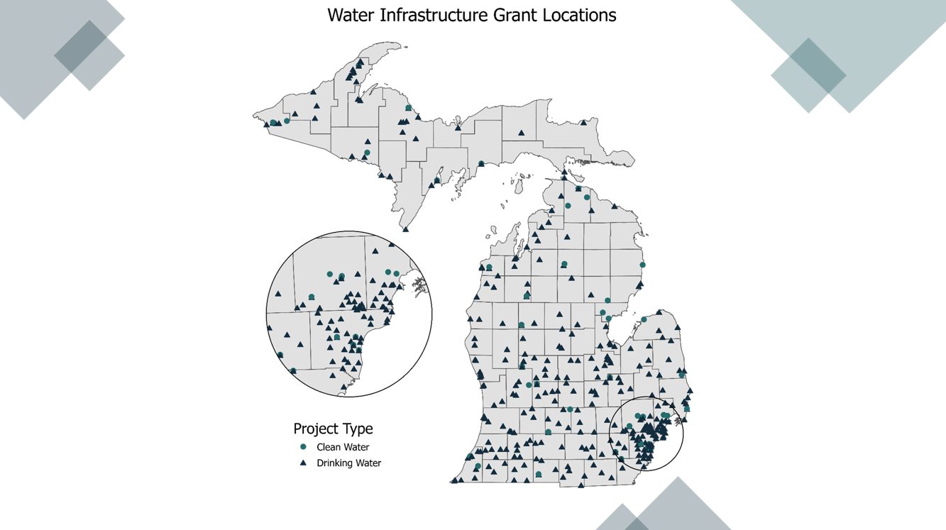 A map of Michigan showing water infrastructure grant locations for both DWSRF and CWSRF scattered all throughout the state.