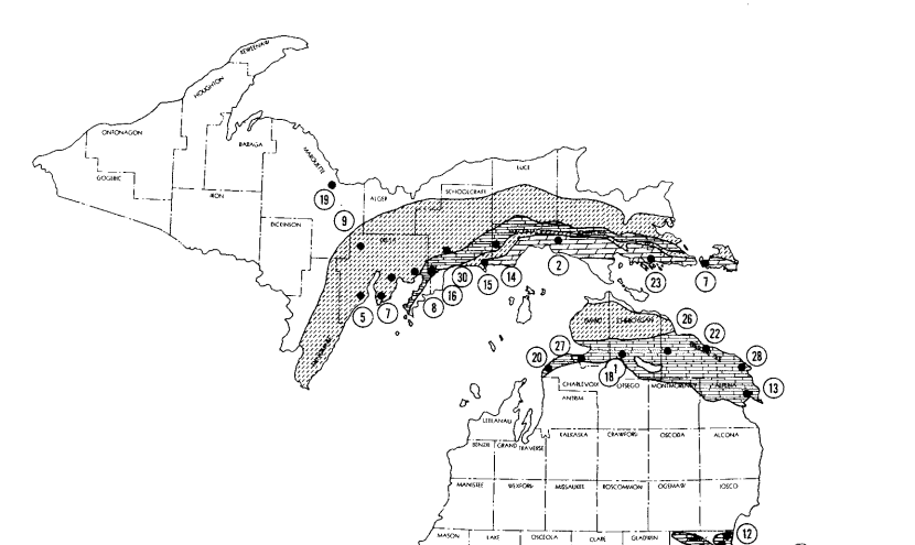 An old outline of limestone and dolomite locations throughout Michigan; mostly around the Straits of Mackinac