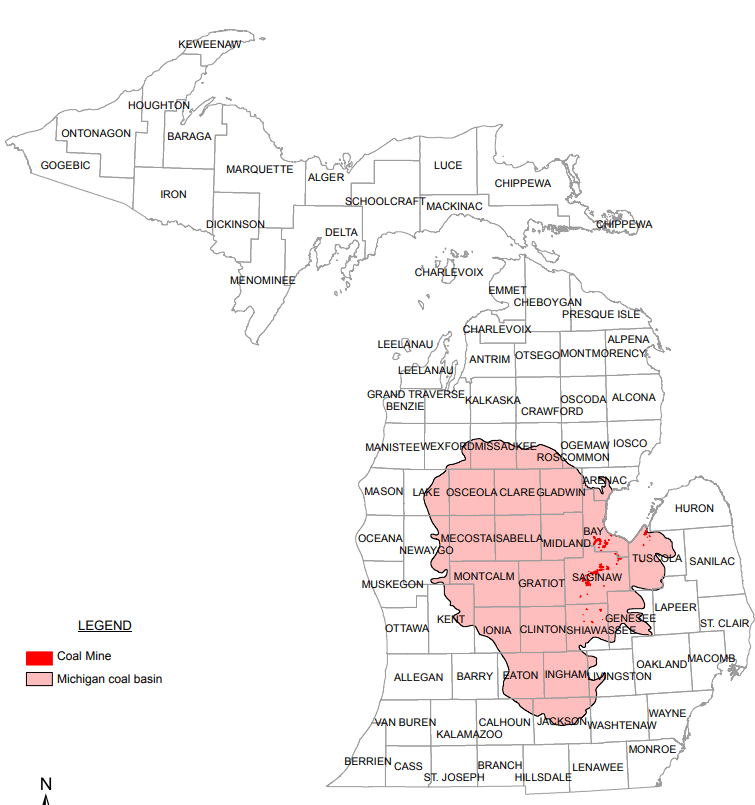 Map of coal mines in Michigan, overlaid with Michigan's coal basin
