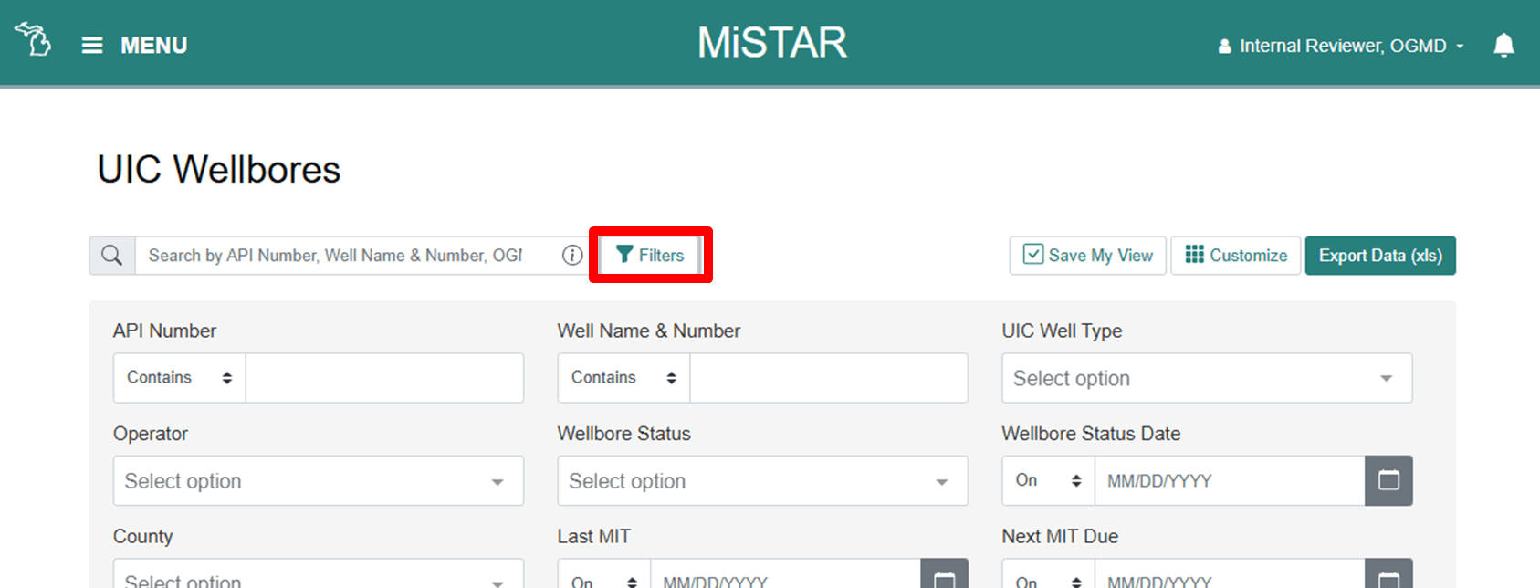 UIC Wellbores screen with the filter button just left to the middle having a red box around it.