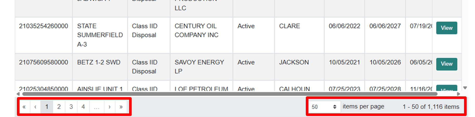 Zoomed in towards the bottom of the table to highlight with red boxes the left side that has the different pages to go to. Then the right side that allows the user to select how many items per page.