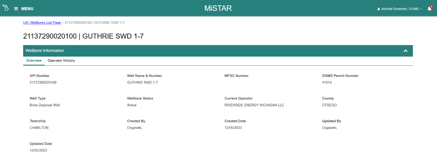 Overview of Wellbore information on the my star site.