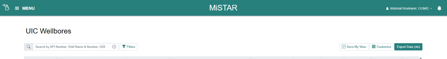 Below the header bar at the top, its zoomed in on UIC Wellbores with a search bar below that.