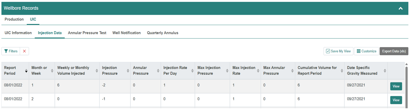 Wellbore records page showing the injection data table.