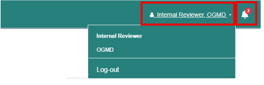 zoomed in on red boxes highlighting the internal reviewer pop up and notification icon.