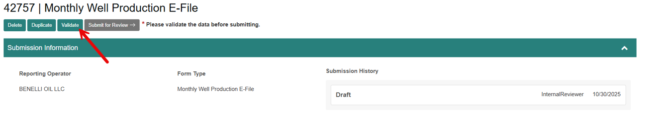 Monthly well production file area with a red arrow pointing towards the validate button.