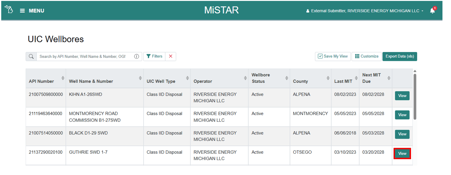 On the wellbores table shown there is a red box highlighting the view button on the right side of the table.
