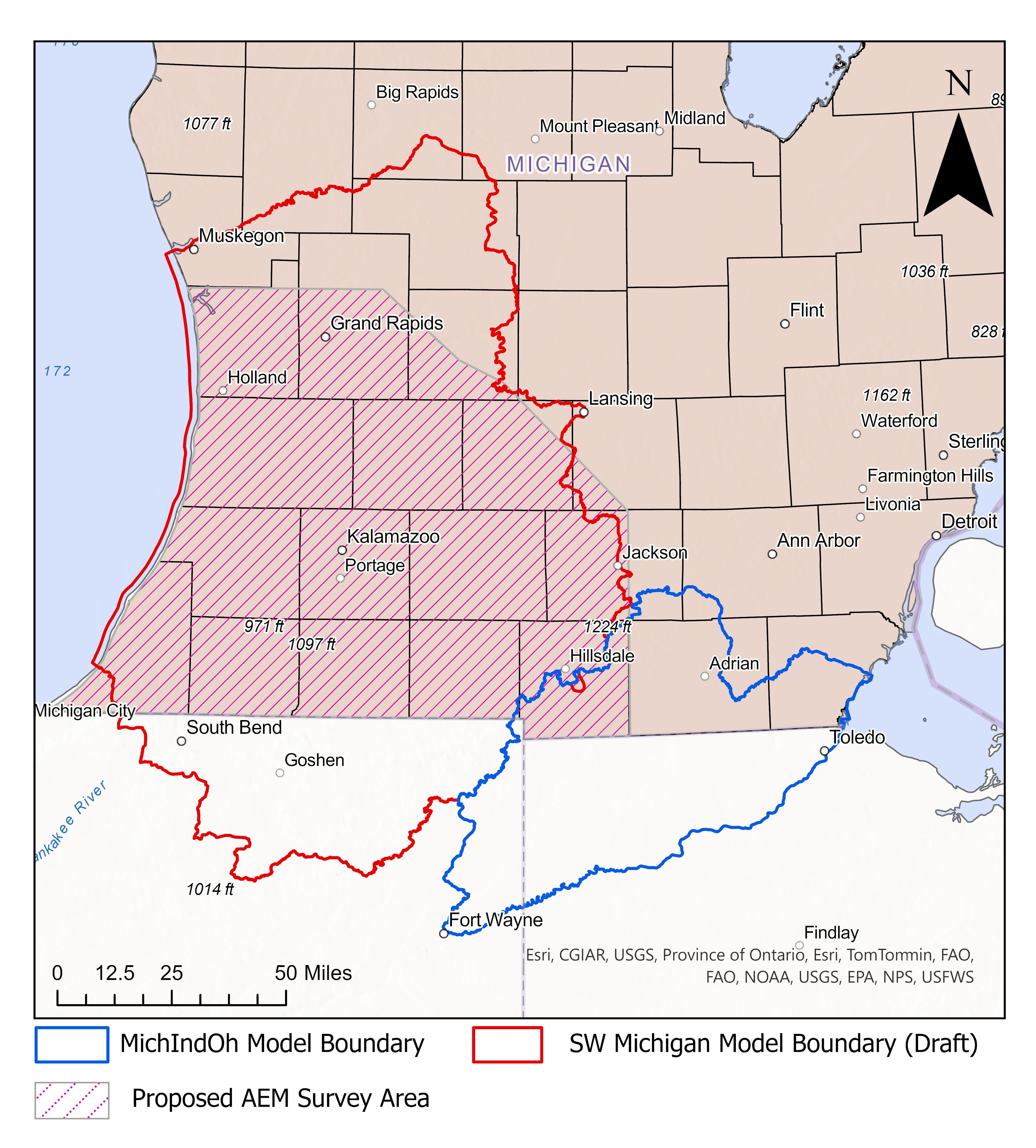 Map depicting boundaries of the Southwest Michigan Model, which is being developed by USGS as part of the HEMI project. This model will use the characterization of subsurface materials provided by the airborne electromagnetic surveys being carried out as part of the project. The boundary of another USGS groundwater modeling effort encompassing the southeastern border of Michigan, the MichIndOh model, is also depicted.