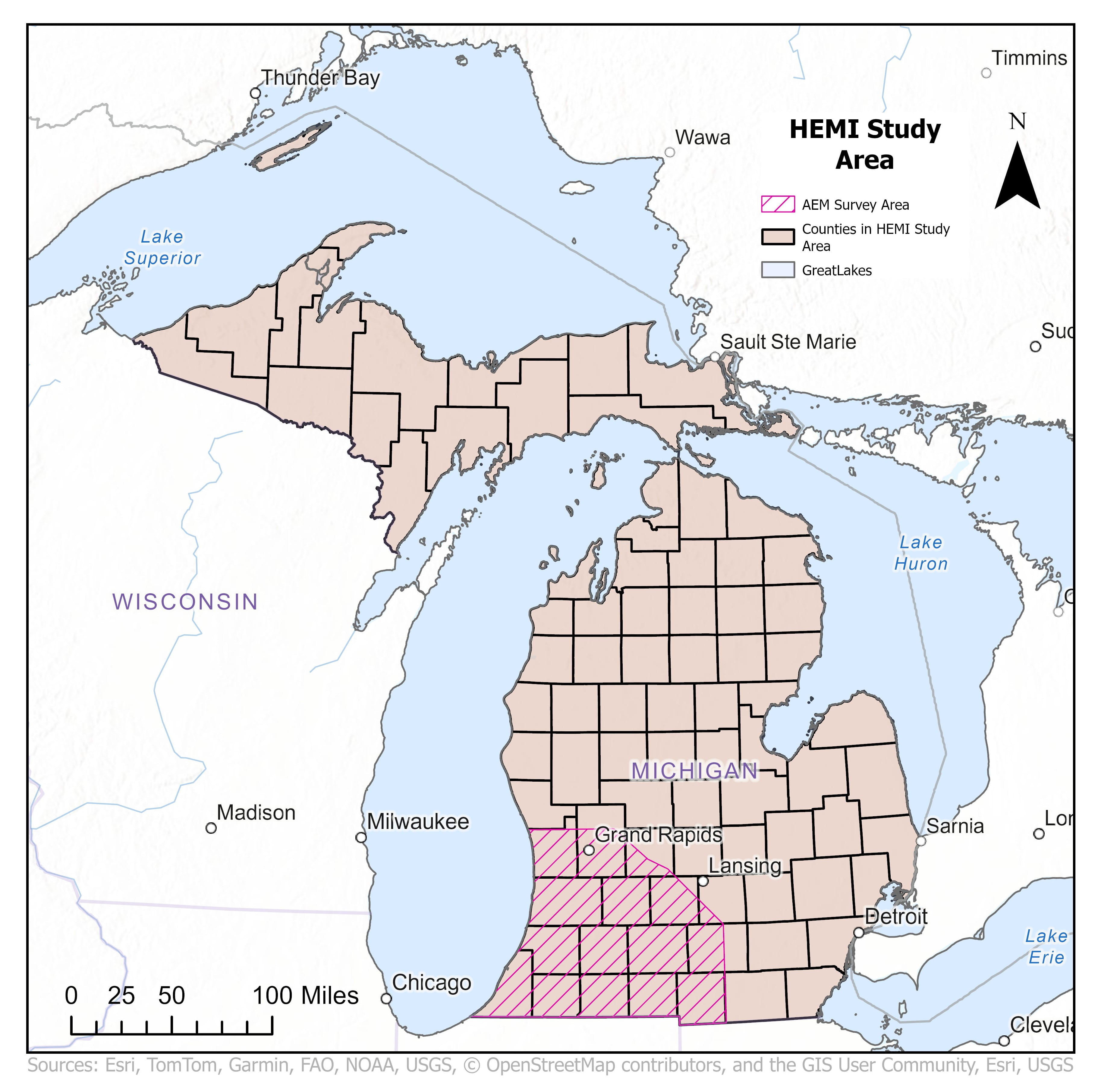 Study area for HEMI project, which includes a statewide focus for analysis and enhancement of surface water and groundwater monitoring networks, and a large area of southwest Michigan where airborne electromagnetic surveys will occur.