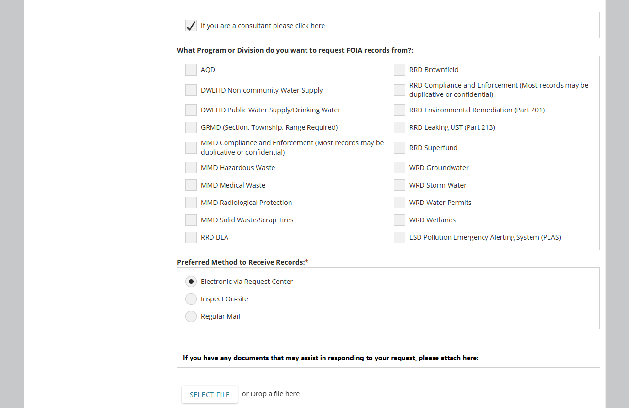 Screenshot of consultant options to select program area