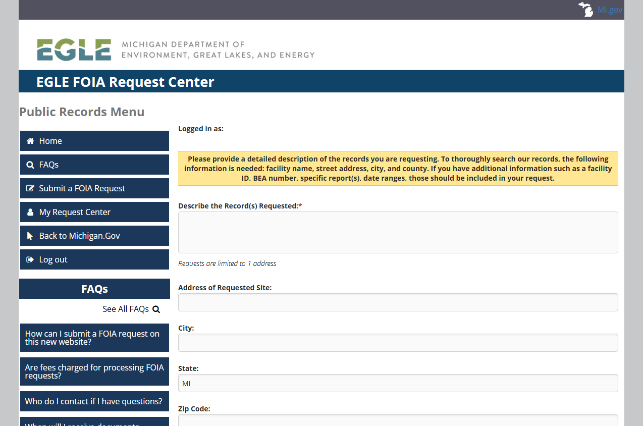 Screenshot of details required for a GovQA FOIA request