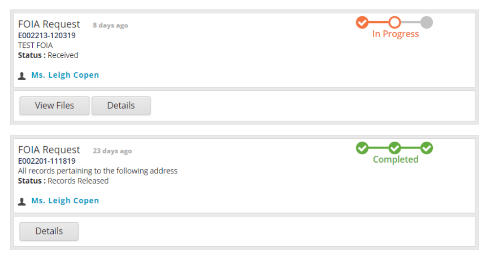 Screenshot showing two requests in GovQA, one In Progress, one Completed